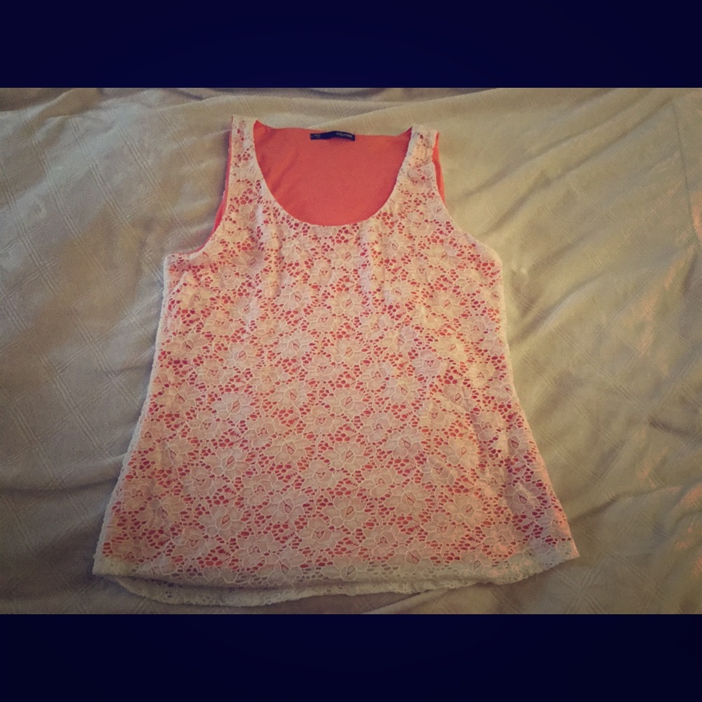 Tangerine back/white flower layover stylish tank.